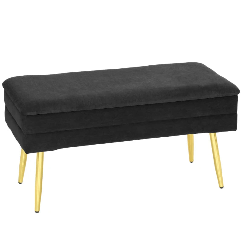 31" Storage Ottoman, Velvet End of Bed Bench with Steel Legs, Foot Stool with Storage for Bedroom, Living Room, Black
