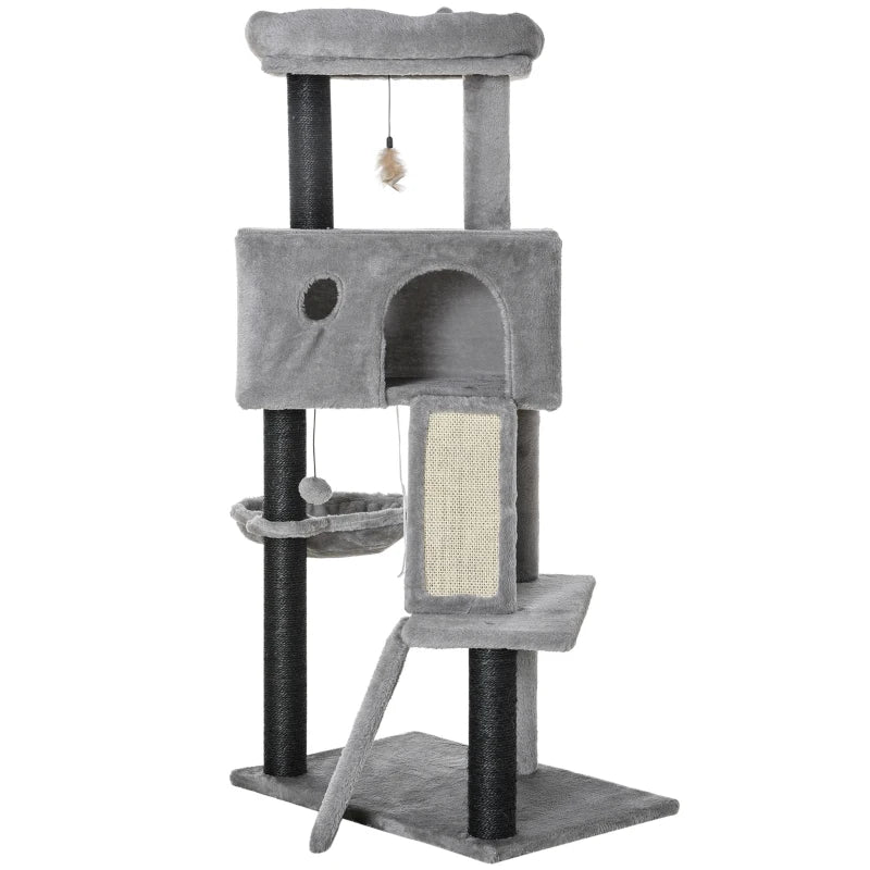 47" Cat Tree for Indoor Cats, Kitty Activity Center, Cat Tower with Cat Ear Bed Ramp Condo Hammock Hanging Ball Toys Sisal Rope Scratching Post, Light Grey