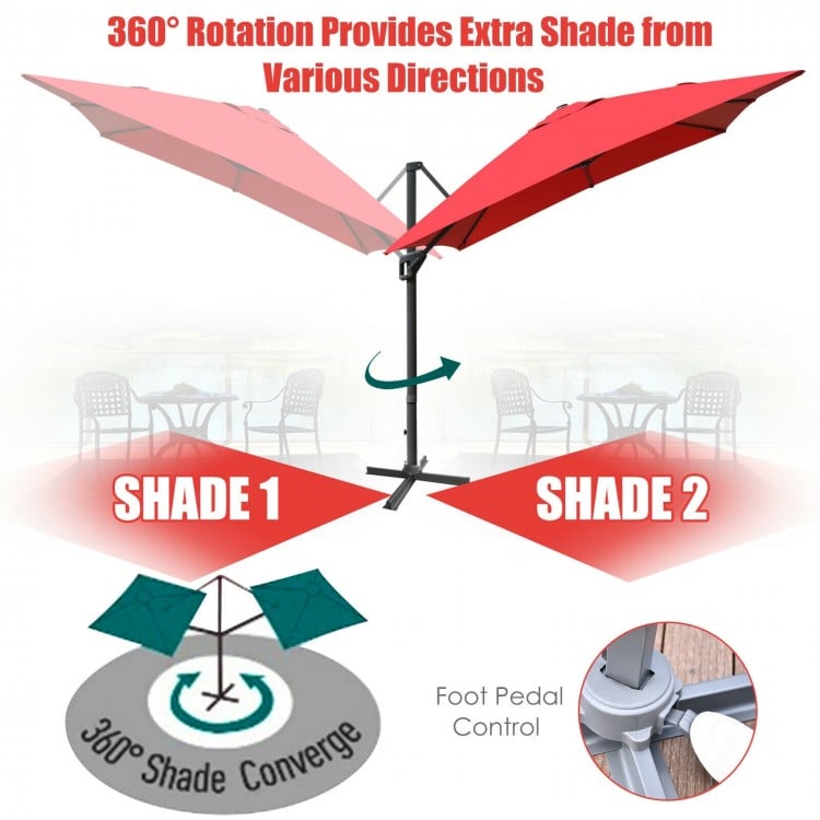 10 x13 Feet Rectangular Cantilever Umbrella with 360° Rotation Function-Wine