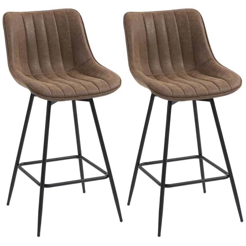 Set of 2 Counter Height Barstools, PU Leather Upholstered Bar Stools with Backrest, Footrest and Steel Legs, Brown