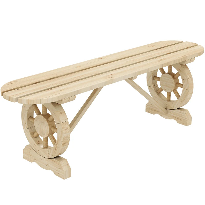 2-Person Outdoor Bench, Wood Garden Bench with Wagon Wheel Legs, Slatted Seat for Patio, Park, Backyard, Natural Wood