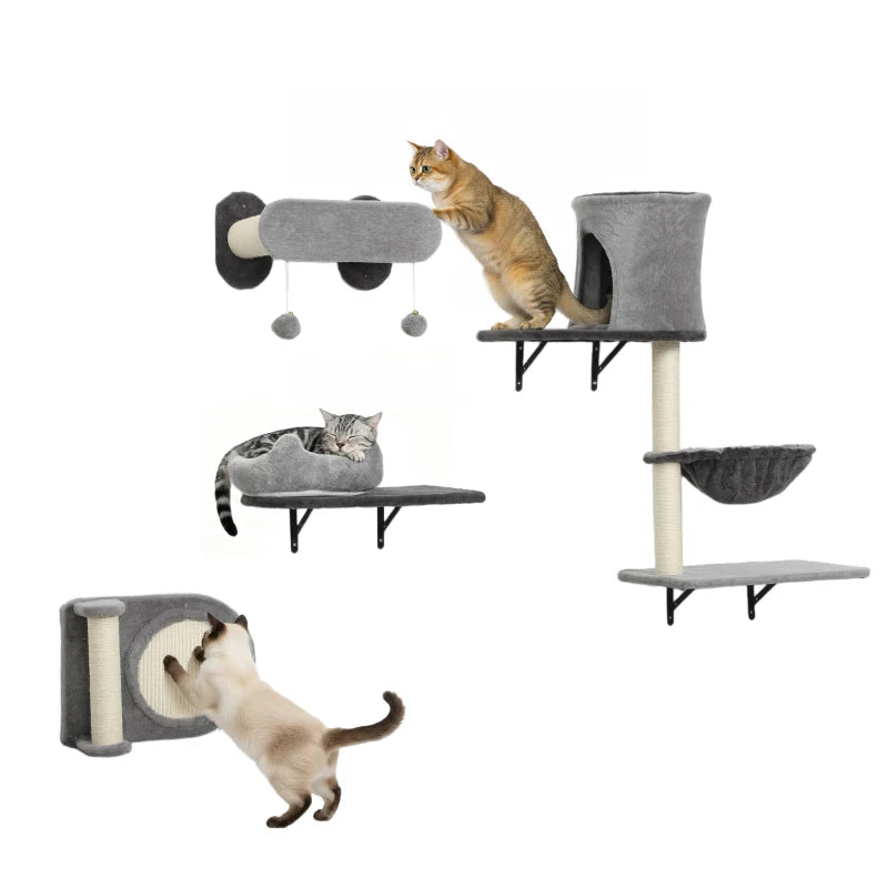 4Pcs Cat Wall Shelves with Scratching Post & Pad, Condo, Hammock, Bed, Step, Hanging Pompoms, Perches