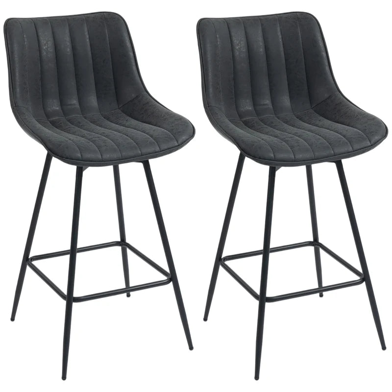 Set of 2 Counter Height Barstools, PU Leather Upholstered Bar Stools with Backrest, Footrest and Steel Legs, Black