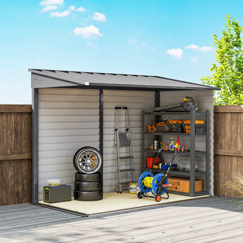 4.6' x 9' Steel Outdoor Storage Shed, Lean to Shed, Metal Tool House with Foundation Kit, Lockable Doors, Gloves and 2 Air Vents for Backyard, Patio, Lawn, Grey