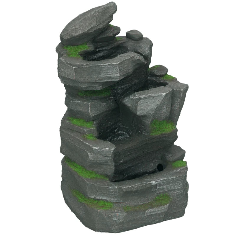 4-Tiered Rock Outdoor Water Fountain with LED Lights, Adjustable Flow, 22.4-inch Resin Waterfall Fountain