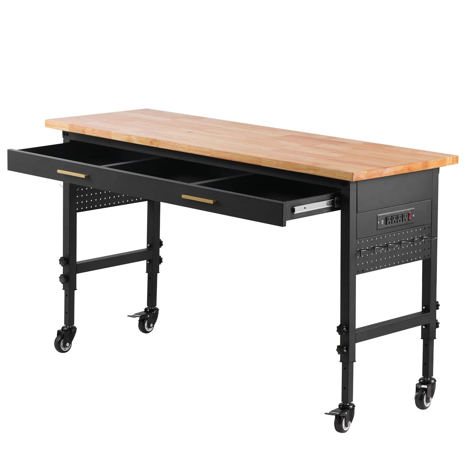 VEVOR 60" Workbench on Wheels Adjustable Height Table with Power Outlet & Drawer