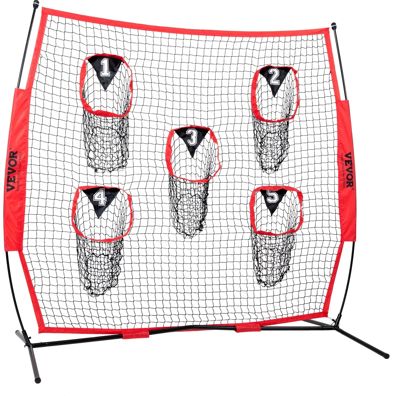 VEVOR 8 x 8 ft Football Trainer Throwing Net, Training Throwing Target Practice Net with 5 Target Pockets, Knotless Net Includes Bow Frame and Portable Carry Case, Improve QB Throwing Accuracy, Red