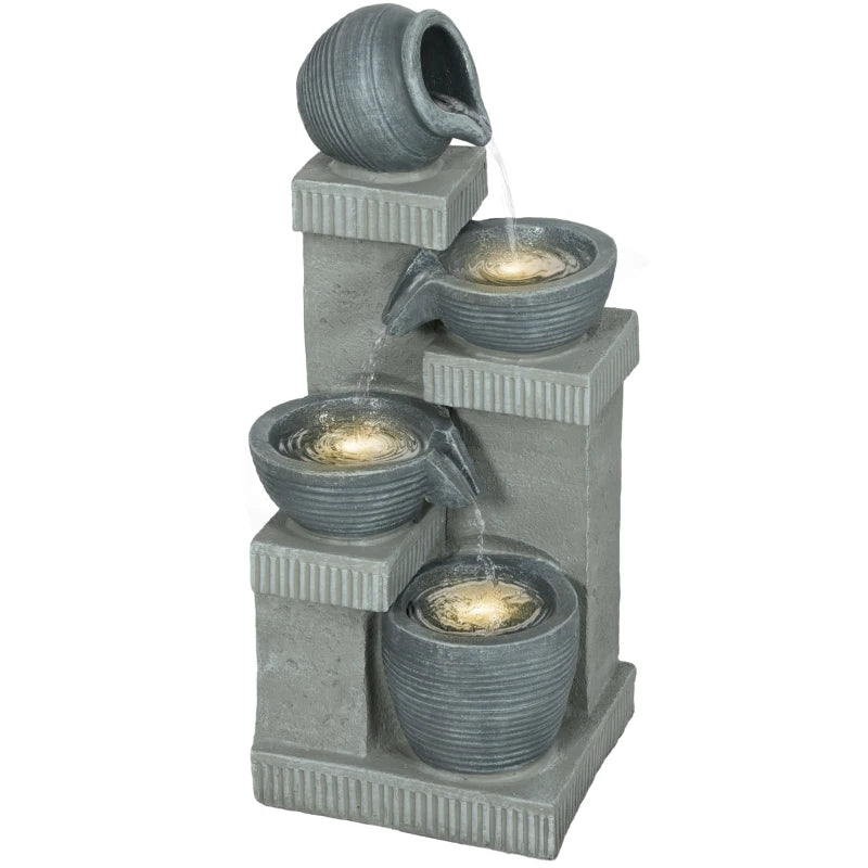 4-Tiered Outdoor Jar and Bowls Water Fountain with LED Lights, Adjustable Flow, 26.4-inch Resin Waterfall Fountain