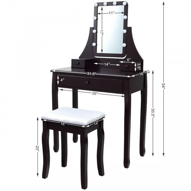 10 LED Lighted Mirror and 3 Drawers Vanity Table Set-Brown