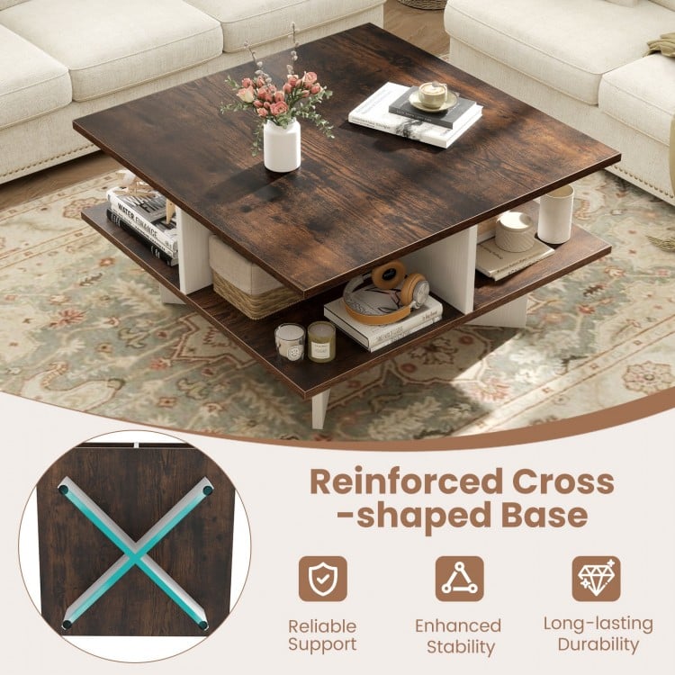 2-Tier Square Coffee Table with 4 Storage Compartments-Rustic Brown