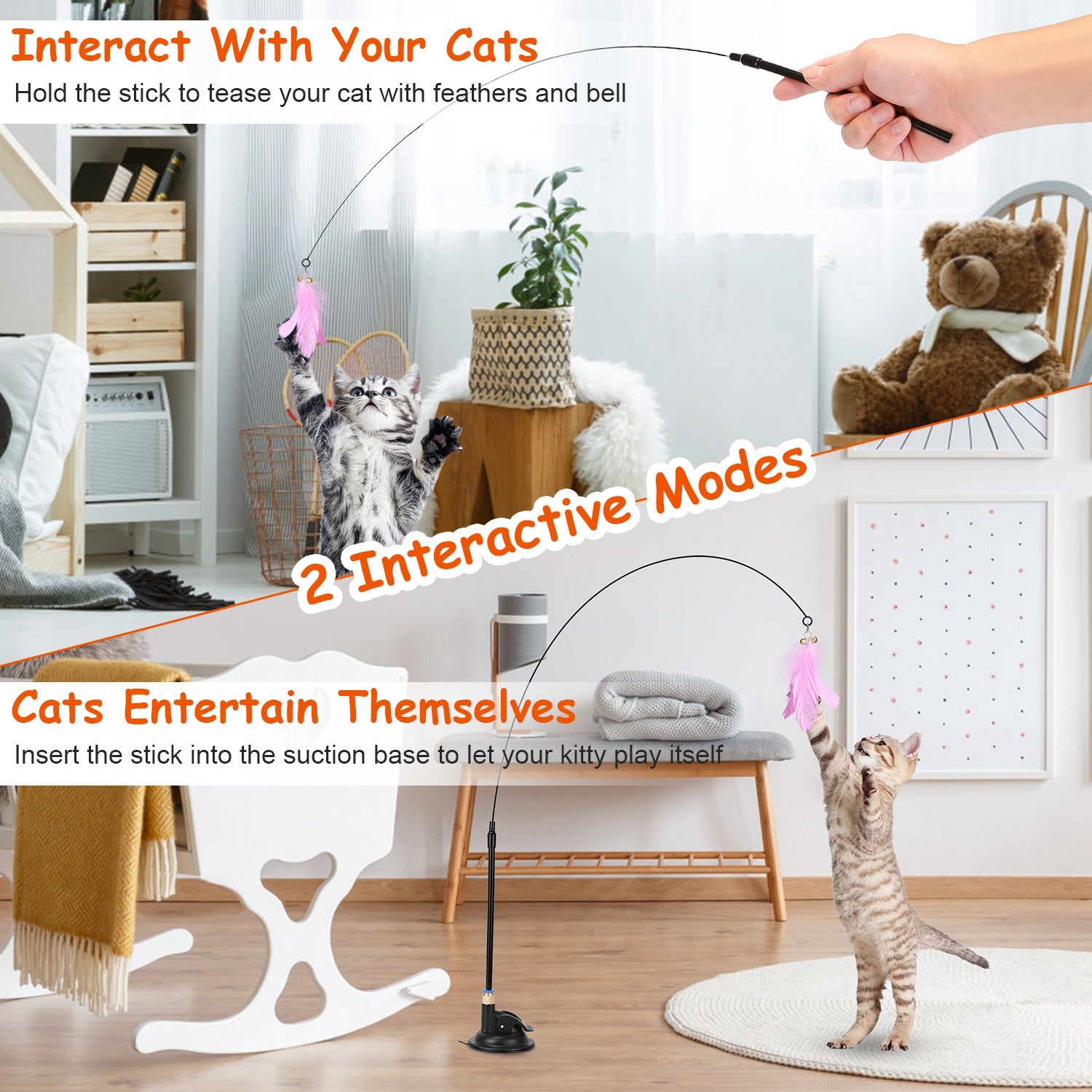 Cat Feather Toys Wand Rod Interactive Cat Spring Bell Play Toys with 12Pcs Feather Replacements Suction Cup Base for Cats Kitten