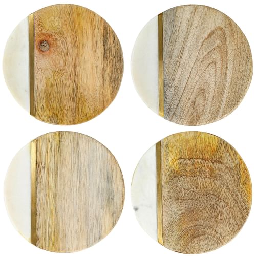 Laurie Gates White Marble and Mango Wood Round 4 Piece Coaster Set - Free Shipping