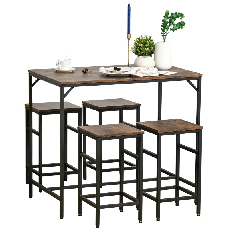 5 Pieces Industrial Rectangular Bar Table Set, Dining Table Set Breakfast Table with 4 Stools for Dining Room, Kitchen, Dinette, Rustic Brown