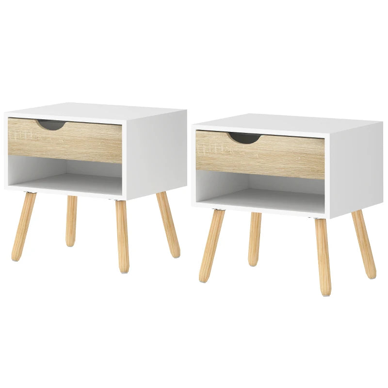 Set of 2 Bedside Table with Drawer and Shelf, Modern Nightstand with Wooden Legs, End Table for Bedroom, White