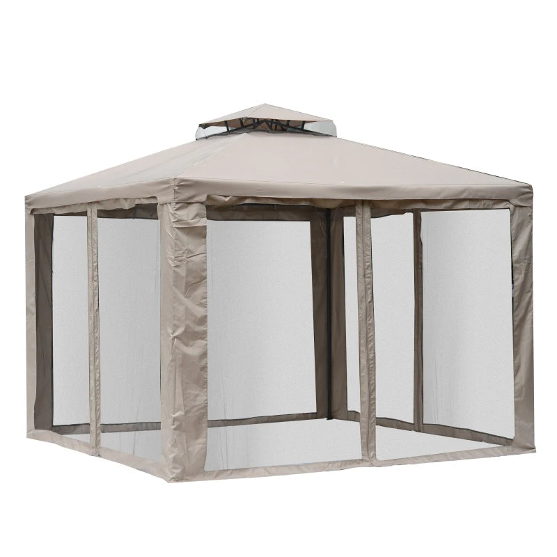10' x 10' Patio Gazebo Outdoor Pavilion 2 Tire Roof Canopy Shelter Garden Event Party Tent Steel Frame, Brown