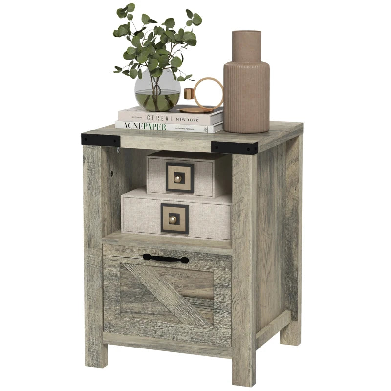 Small Side Table with Storage, Farmhouse End Table with Drawer, Open Shelf and Barn-style Panel, Nightstand for Living Room, Bedroom, Grey