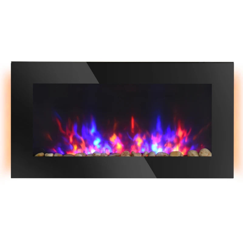 36" Wall-Mounted Electric Fireplace, 750/1500W Fireplace Heater with Flame Effect, 7 Color Bacround Light and Side Light, Black