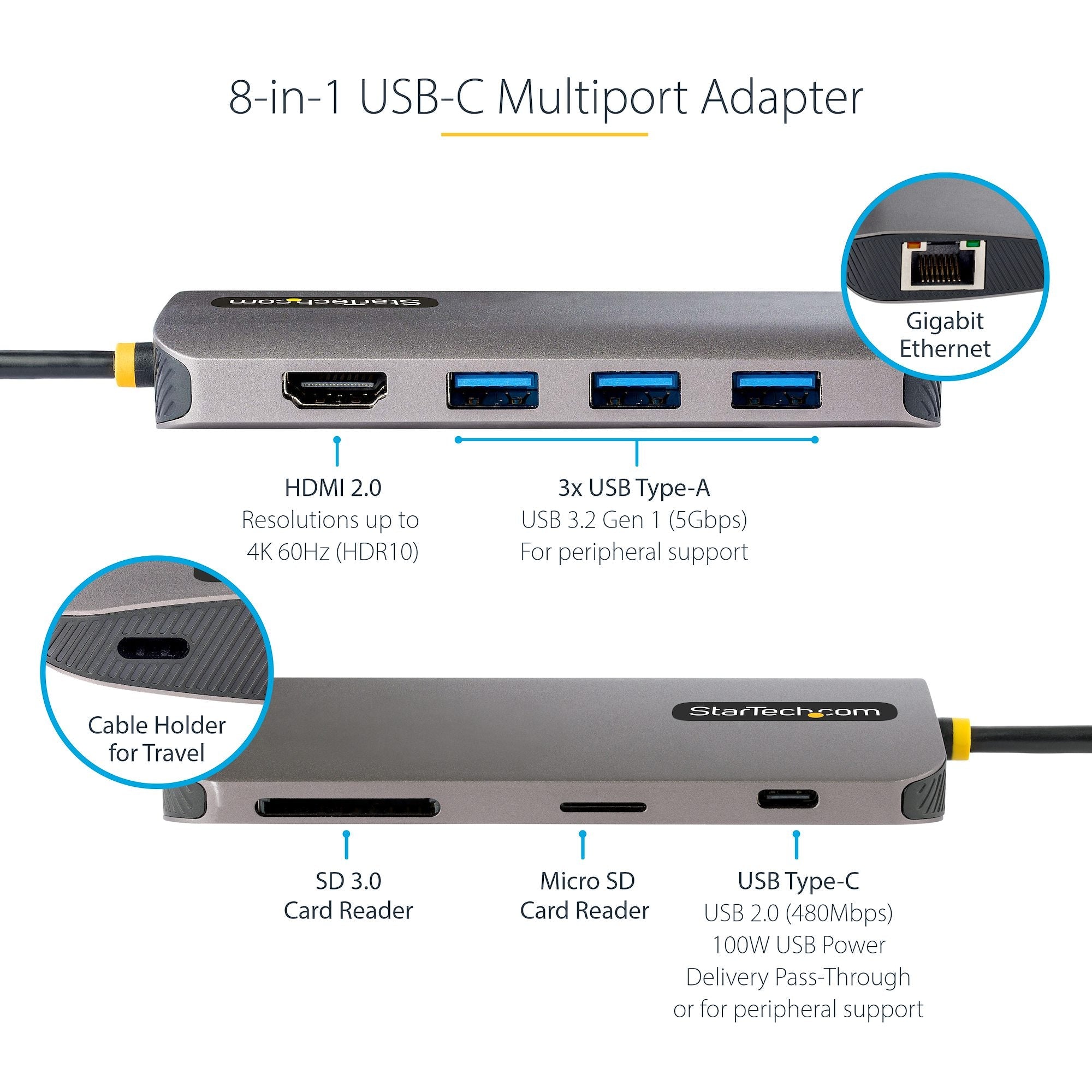 USB C Multiport Adapter, 4K 60Hz HDMI Video, 3 Port 5Gbps USB Hub, 100W Power Delivery Pass-Through, GbE, 12"/30cm Cable, Mini Travel Dock, Laptop Docking Station