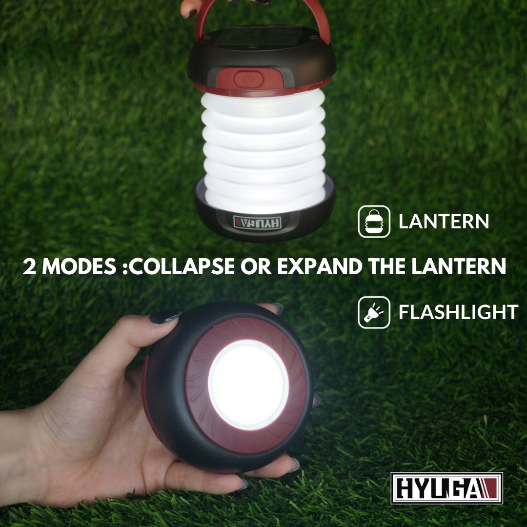 HYUGA Solar Camping Lantern, Collapsible Rechargable LED Light with Hanging Hook, LED Portable camping lamp Type-C Power Bank for Outdoor, Camping, Tent, Hiking, Power Outages, Emergency Charger for Phone