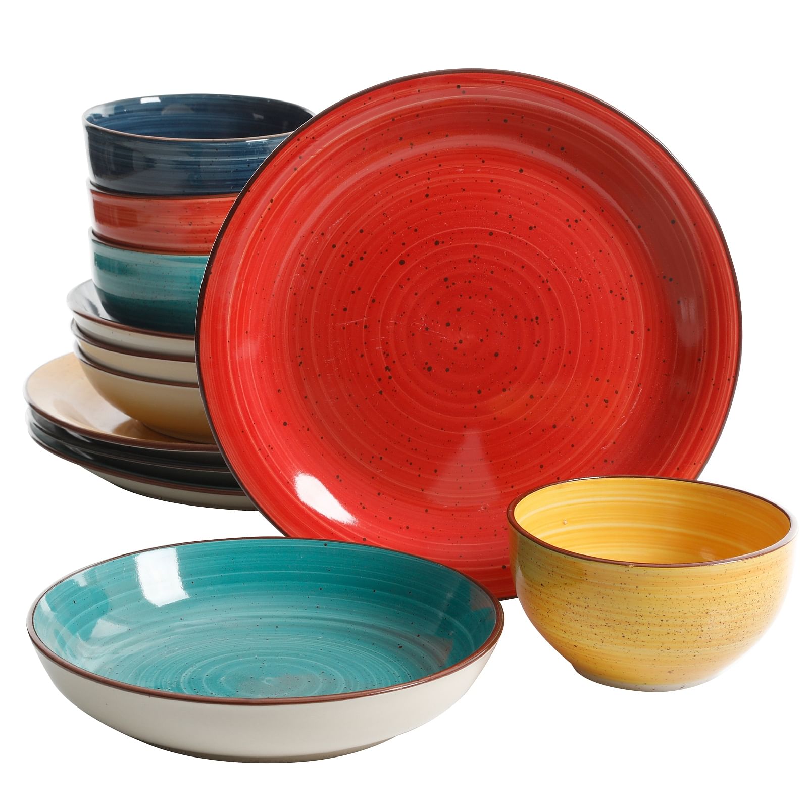 Gibson Color Speckle 12 Piece Mix and Match Double Bowl Dinnerware Set in 4 Assorted Colors - Free Shipping