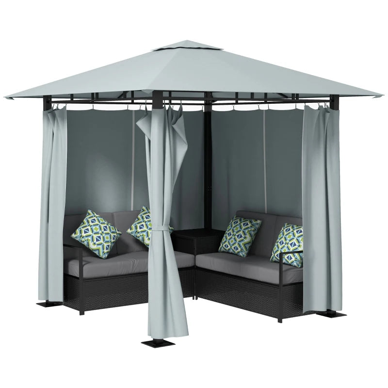 Outsunny Patio Furniture Set with Gazebo, Outdoor PE Rattan Wicker Conversation Sofa with Storage Corner Table, Cushion, for Backyard, Porch, Poolside, Balcony, Grey