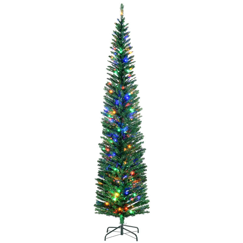 HOMCOM 7.5ft Artificial Pencil Christmas Tree – Colourful LED Lights, Steel Base, Slim Shape Holiday Decoration