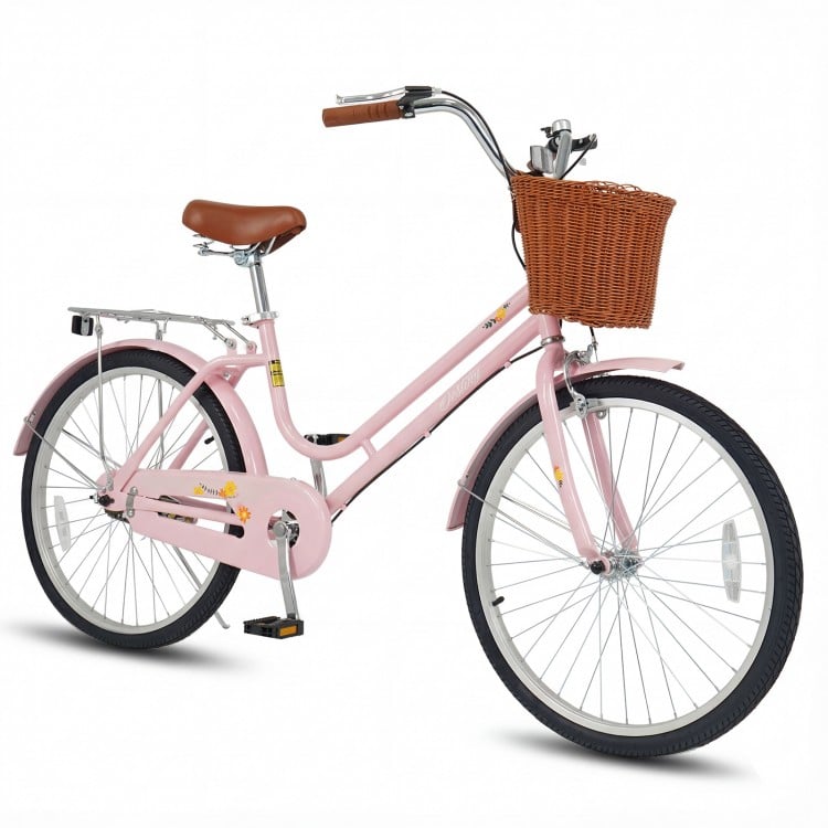 24-Inch Beach Cruiser Bike for Women with Woven Basket and Rear Rack - Pink
