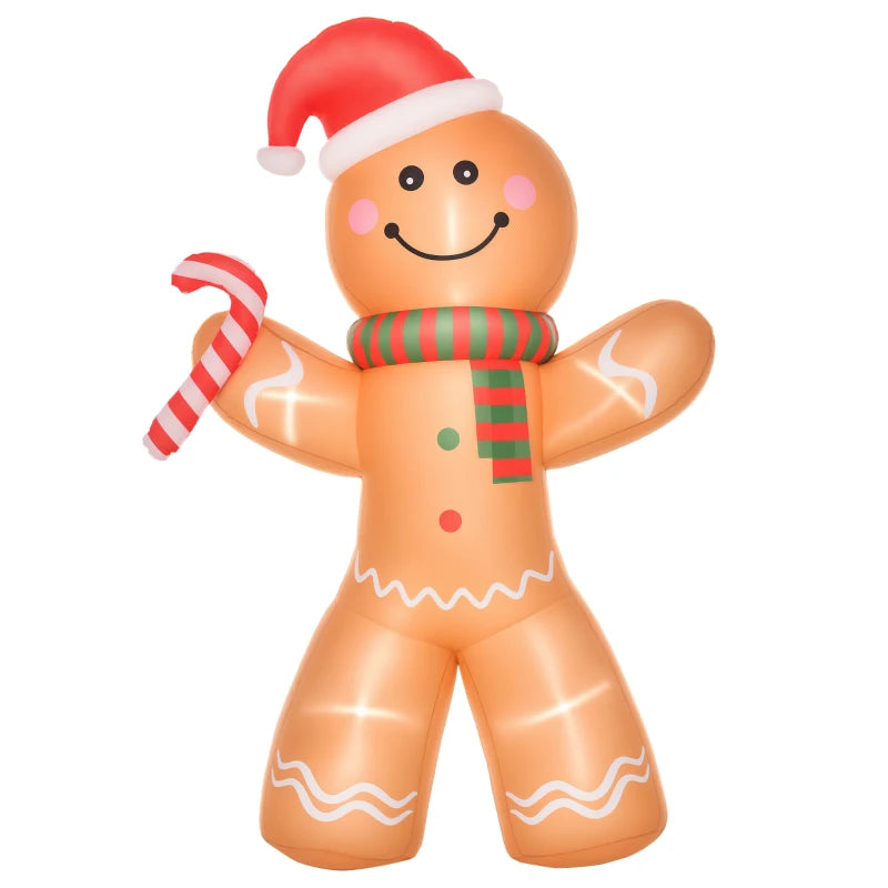 HOMCOM 8FT Inflatable Christmas Gingerbread Man with Candy Cane, Outdoor Blow Up Yard Decoration with LED Lights
