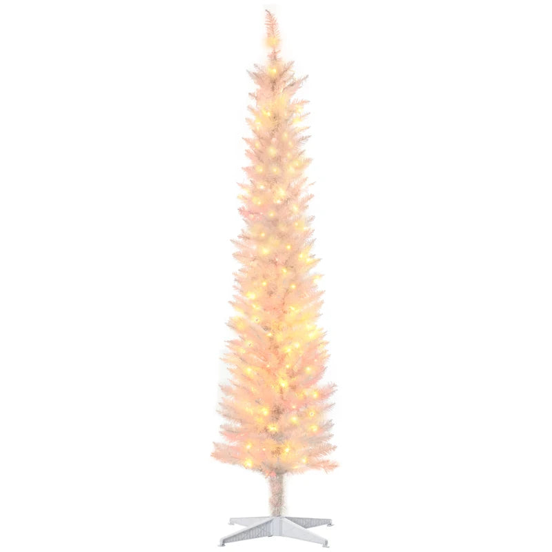 HOMCOM 6ft Pre-Lit Pencil Artificial Christmas Tree – Colourful Surface Tips with Colourful LED Lights, White