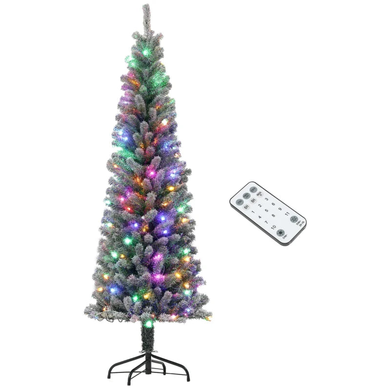 HOMCOM 6FT Prelit Pencil Christmas Tree with Remote, Slim Artificial Flocked Xmas Tree with Dual-Colour LED Lights, 429 Tips & Metal Stand