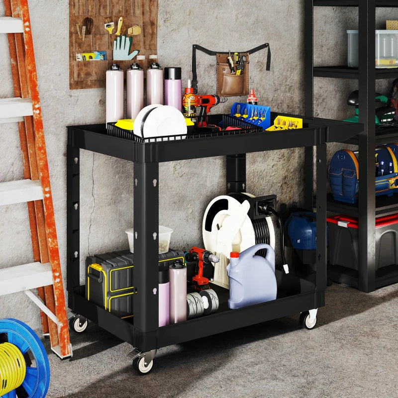 2-Tier Rolling Tool Cart with Wheels, 500 LBS Capacity Plastic Utility Cart with Handle for Garage, Warehouse, Black