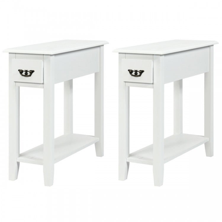 2 Pieces 2 Tier Sofa Side End Table with Drawer and Open Shelf-White