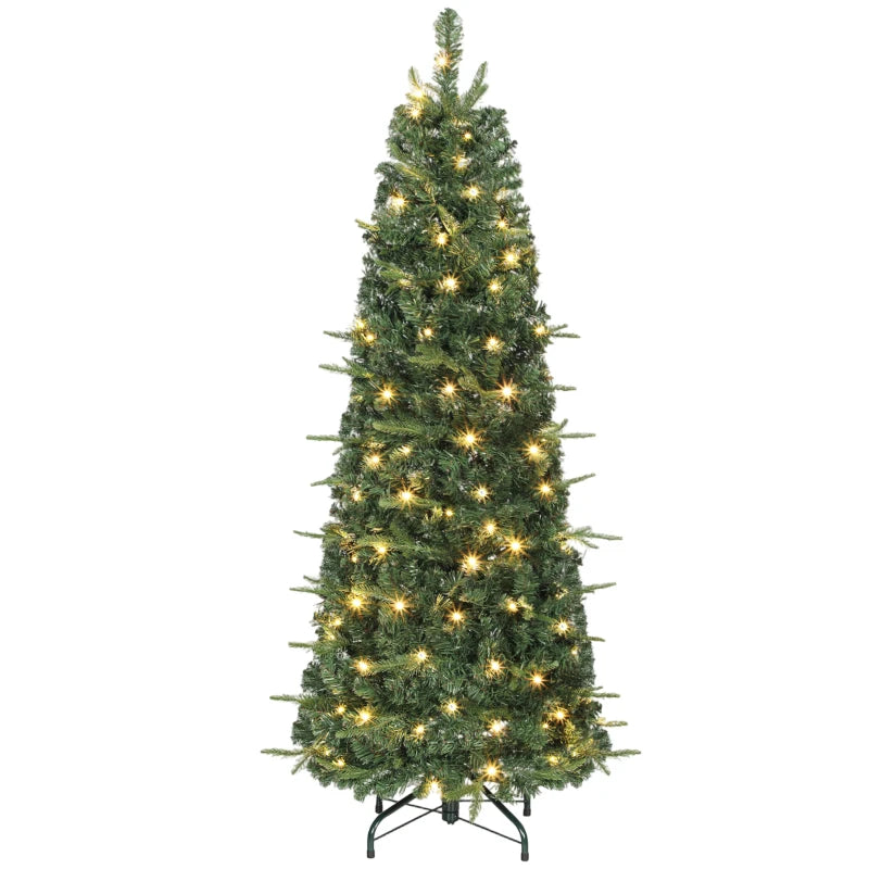 HOMCOM 7FT Prelit Pop Up Artificial Christmas Tree, Collapsible Green Xmas Tree with Warm White LED Lights and Metal Stand