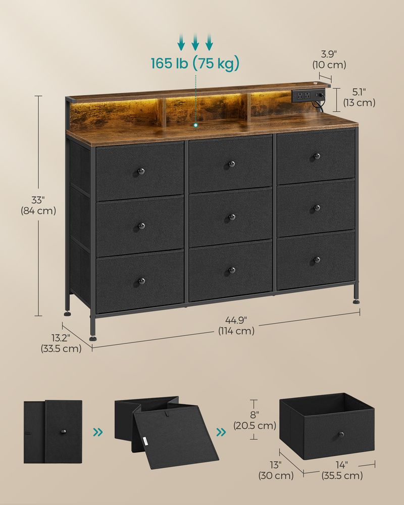 SONGMICS Storage Organizer with 9 Fabric Drawers and LED Lights