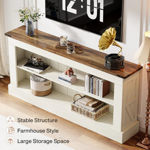 63" Modern TV Stand for Up to 75" TVs, Farmhouse Entertainment Center Media Console with Open Shelves Rustic White & Brown