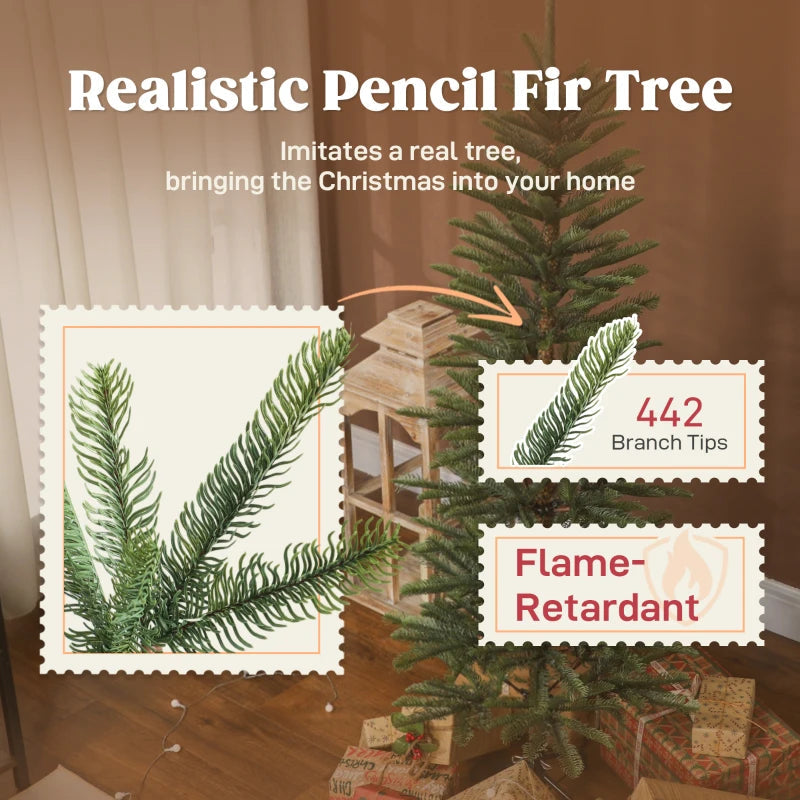 HOMCOM 7ft Artificial Fir Pencil Christmas Tree – Hinged Xmas Tree with 646 Branch Tips & Metal Stand, Easy Assembly, Green