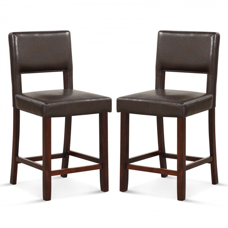 2 Piece Bar Chair Set with Hollowed Back and Rubber Wood Legs-Brown