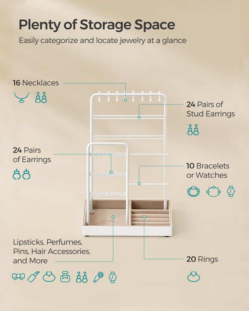 SONGMICS Jewelry Holder with Metal Frame and Velvet Tray