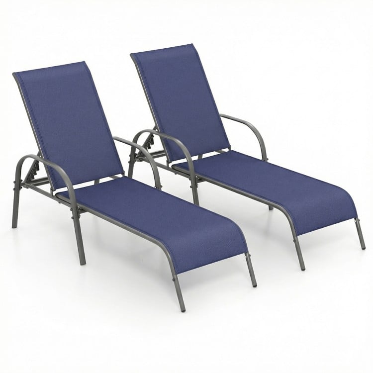 2 Pcs Outdoor Patio Lounge Chair Chaise Fabric with Adjustable Reclining Armrest-Navy