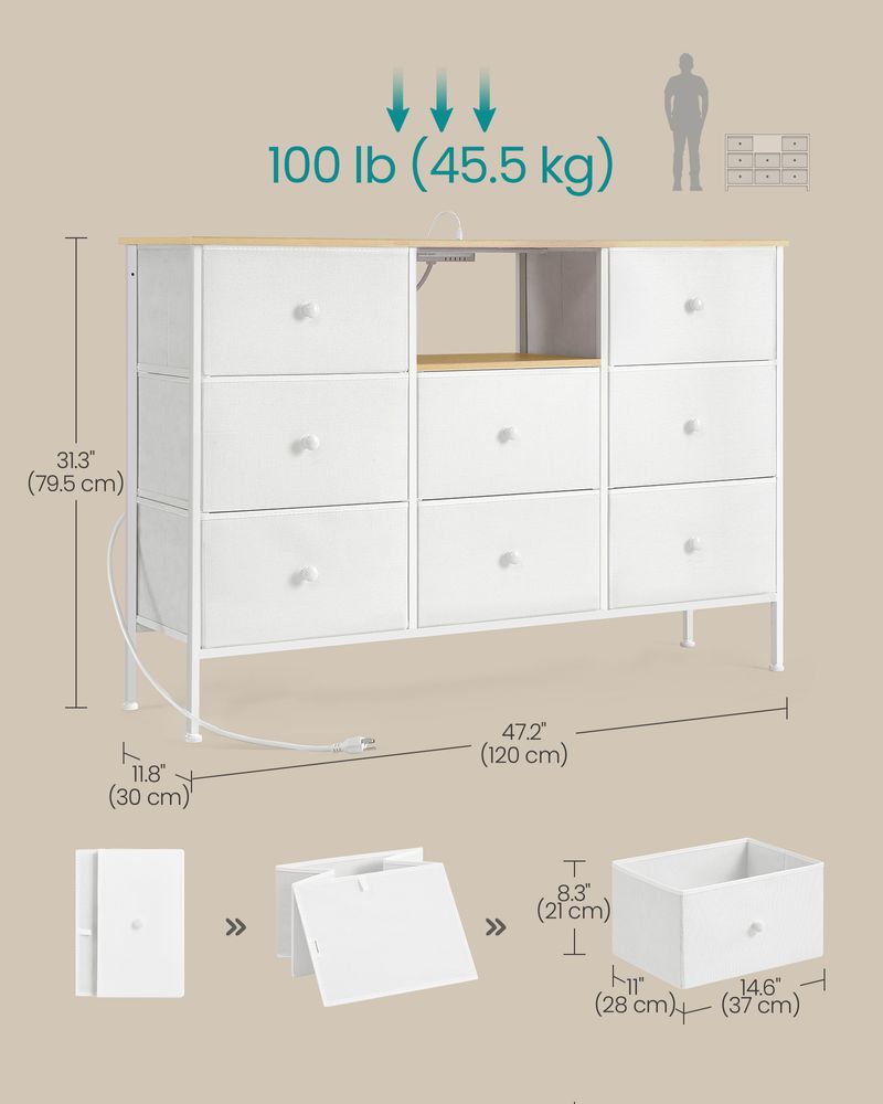 SONGMICS Fabric Dresser with Power Outlets and LED Lights