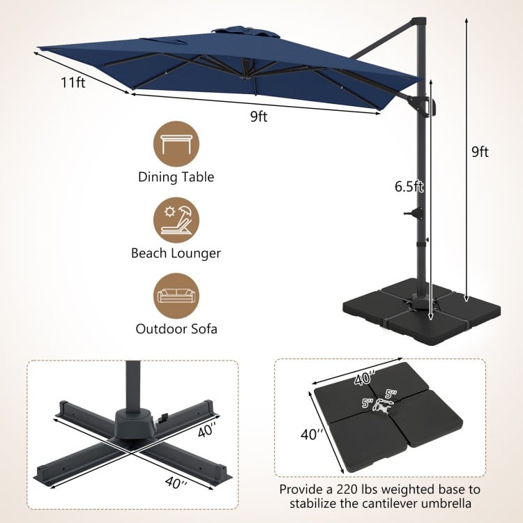 11 x 9 FT Aluminum Pole Outdoor Offset Hanging Umbrella with 220 LBS Base