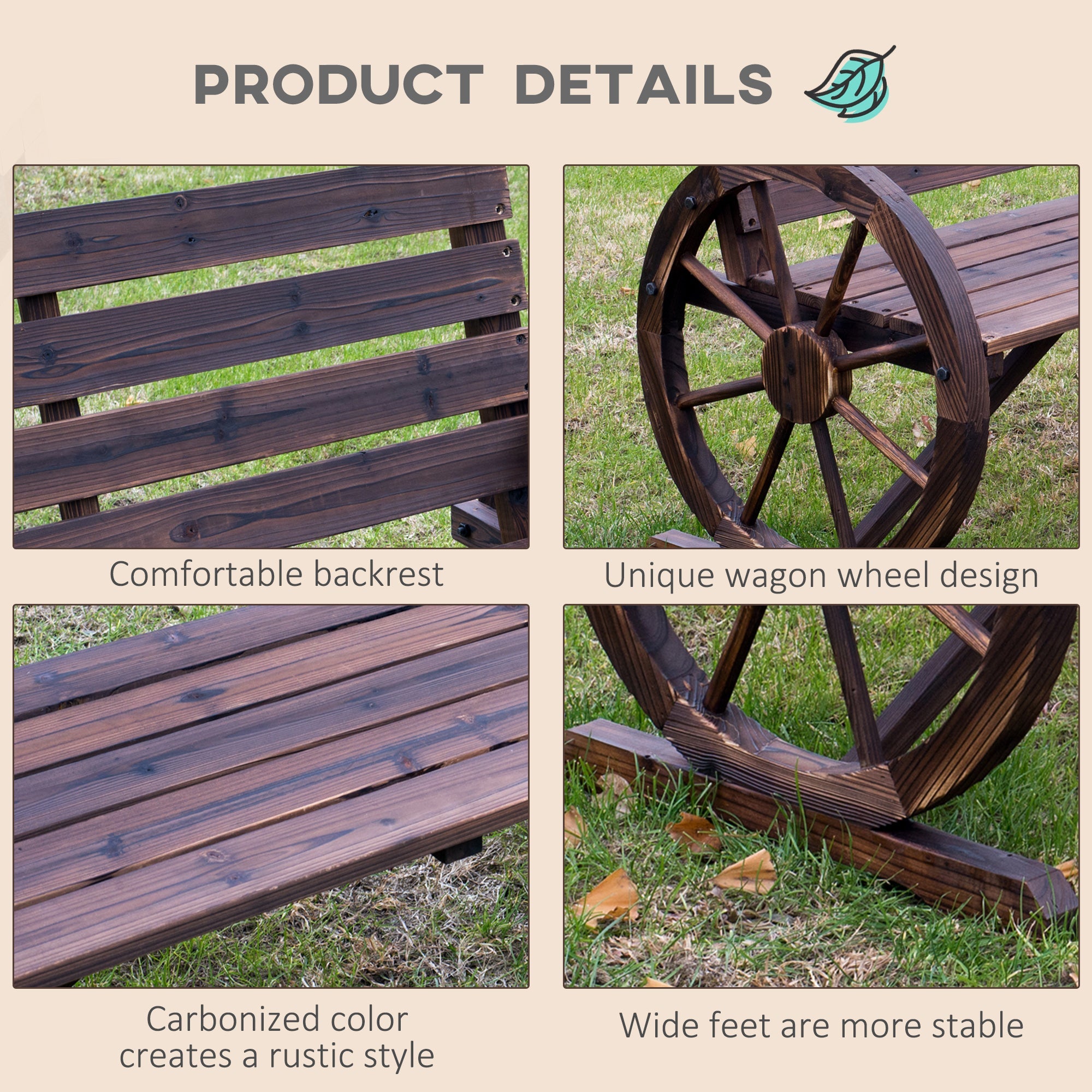 Outsunny 42" Wood Wagon Wheel Bench Rustic Garden Loveseat Outdoor Lounge Chair Brown