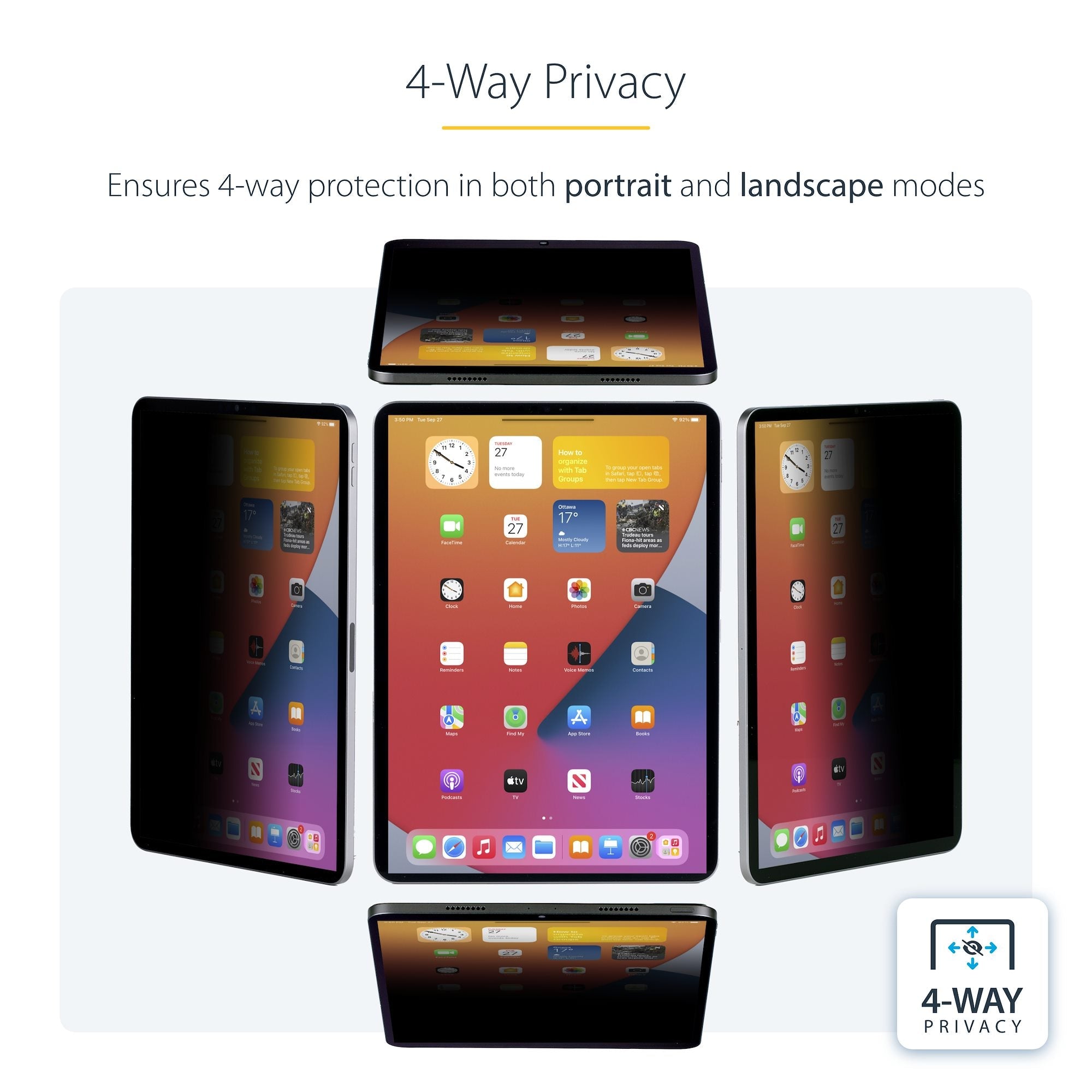 4-Way Privacy Screen For 11-inch iPad Pro, For Portrait/Landscape Orientations, Touch-Enabled, +/- 30 Deg. View, Blocks up to 51% Blue Light, Anti-Glare