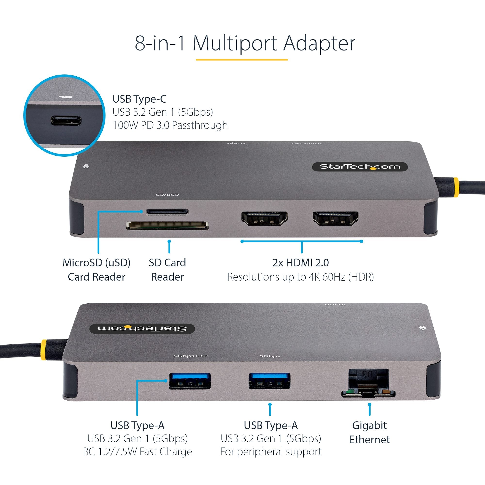 USB C Multiport Adapter, Dual HDMI Video, 4K 60Hz, 2Pt 5Gbps USB-A Hub, 100W Power Delivery Pass-Through/GbE/SD/MicroSD, 12"/30cm Cable, Travel Dock, Laptop Docking Station