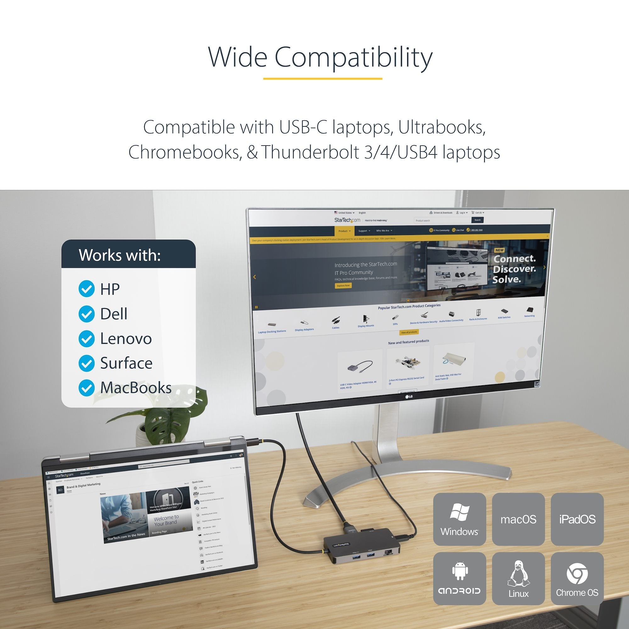 USB C Multiport Adapter, Dual HDMI Video, 4K 60Hz, 2Pt 5Gbps USB-A Hub, 100W Power Delivery Pass-Through/GbE/SD/MicroSD, 12"/30cm Cable, Travel Dock, Laptop Docking Station