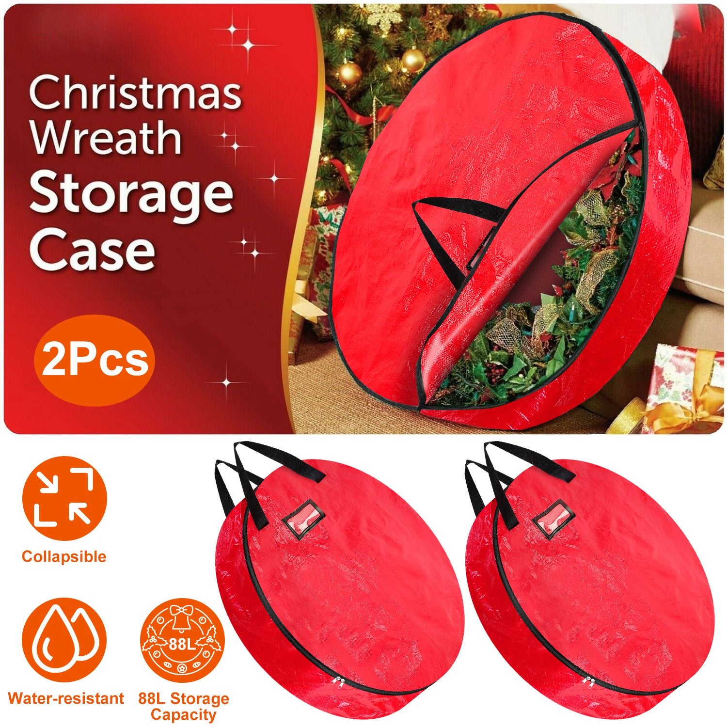 2Pcs ?30in Christmas Wreath Storage Bag 88L Water-resistant Foldable Wreath Container Bag w/ Handles Card Slot