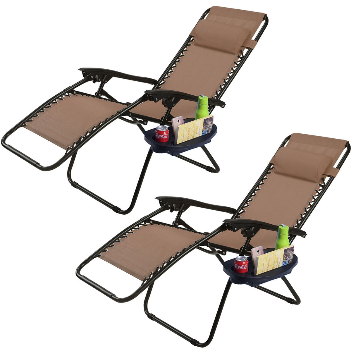 2 Pieces Folding Lounge Chair with Zero Gravity-BrownÂ