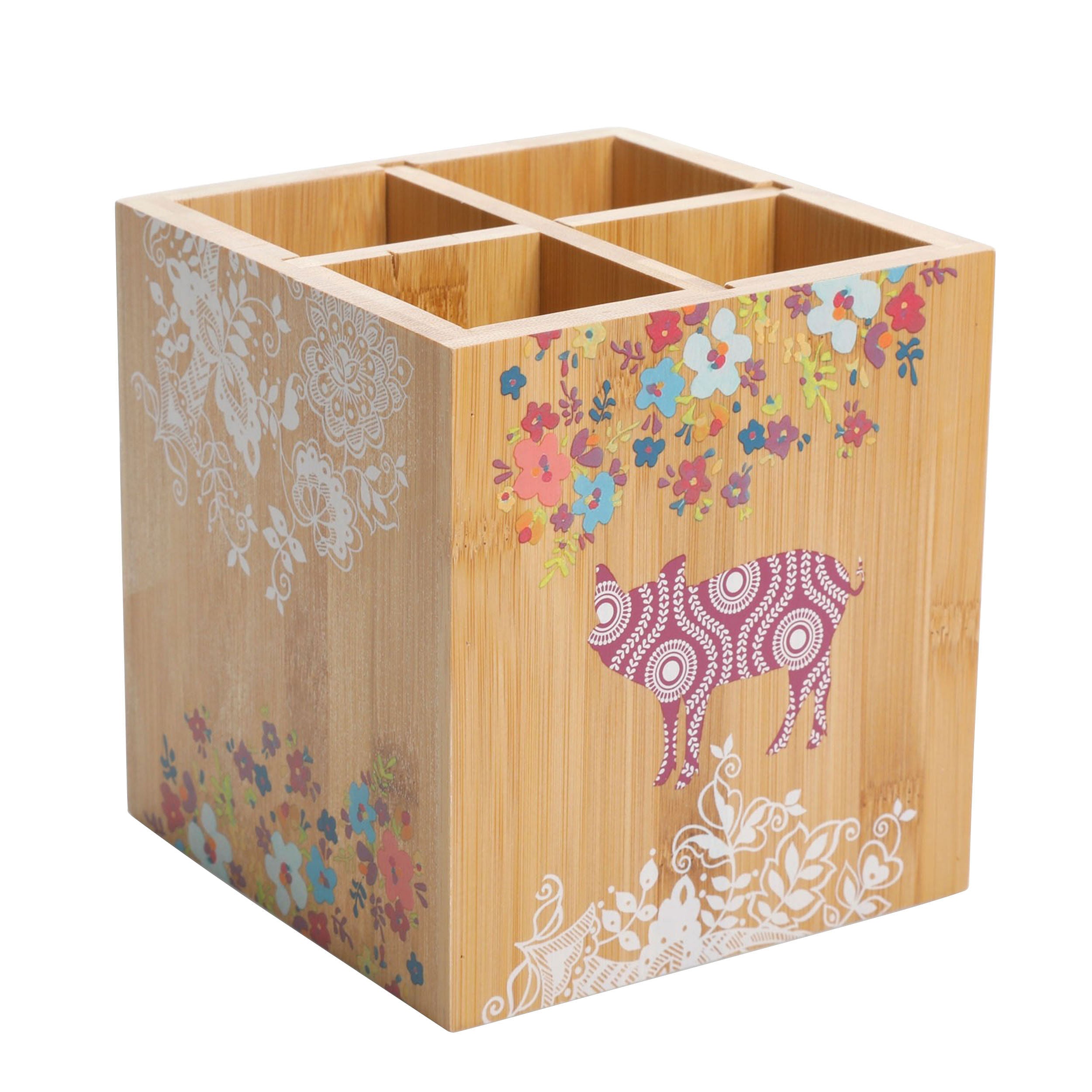 Gibson Urban Market 5.5 Inch Square Bamboo Utensil Holder in Animal and Floral Print - Free Shipping