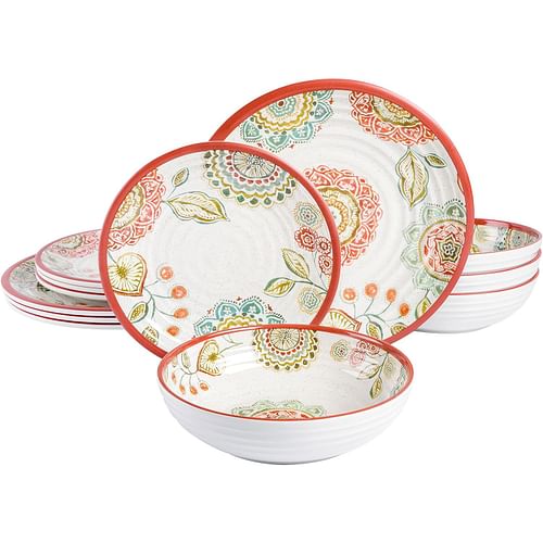 Laurie Gates Brick Floral Ripple 12 Piece Melamine Dinnerware Set in Red - Free Shipping