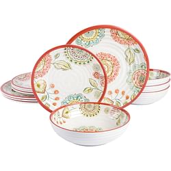 Laurie Gates Brick Floral Ripple 12 Piece Melamine Dinnerware Set in Red - Free Shipping